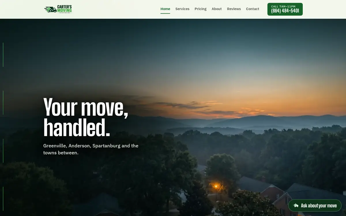 Carter's Moving website on desktop